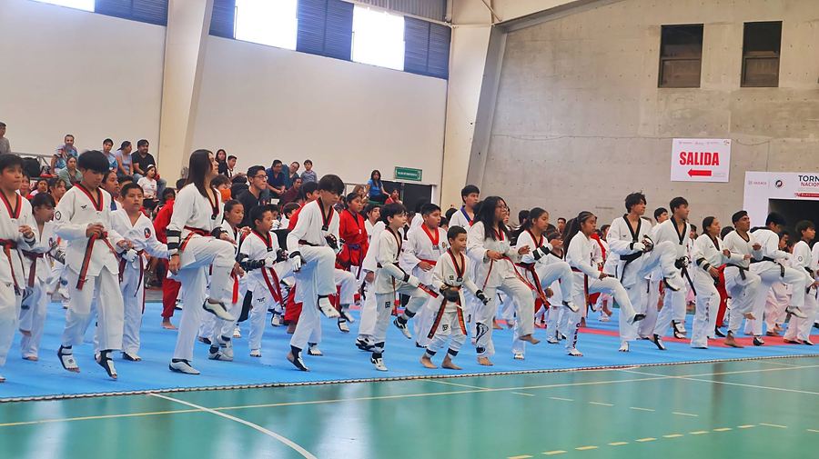 Decenas de competidores calientan al mismo tiempo sobre el tatami