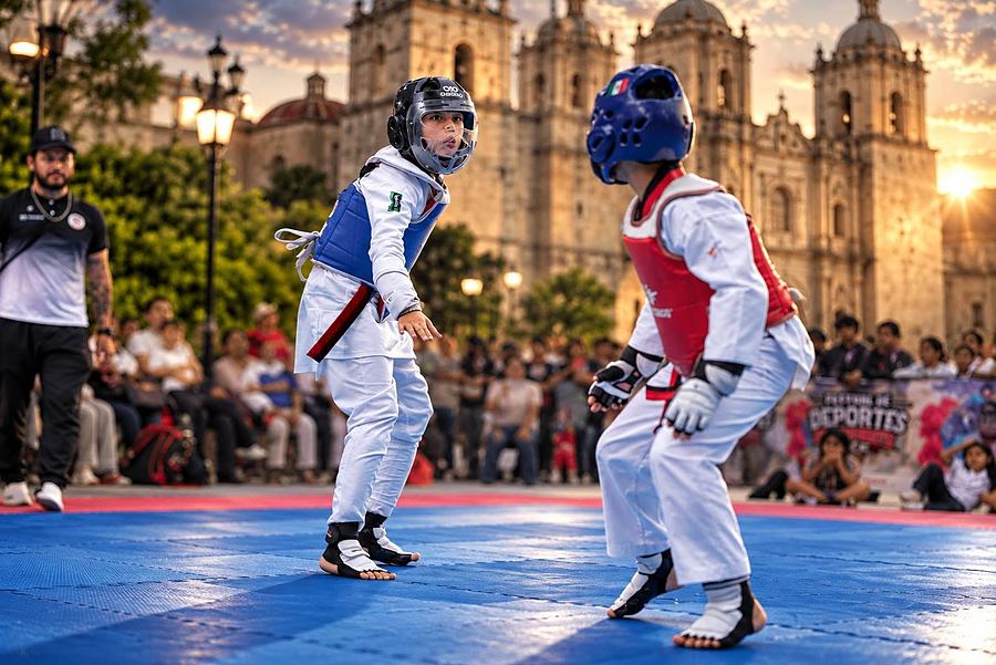 Dos niños en guardia sobre un tatami al aire libre, con público y edificios históricos de Oaxaca al fondo