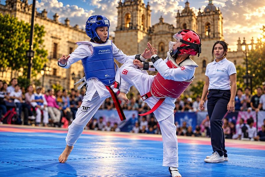 Un niño del equipo REAL lanza una patada a su rival sobre un tatami al aire libre frente a la Catedral de Oaxaca